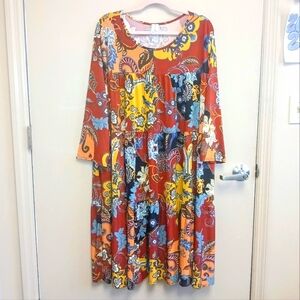 Navy/Red/Orange Floral Paisley Print Dress~ Curvy 4X~NWT